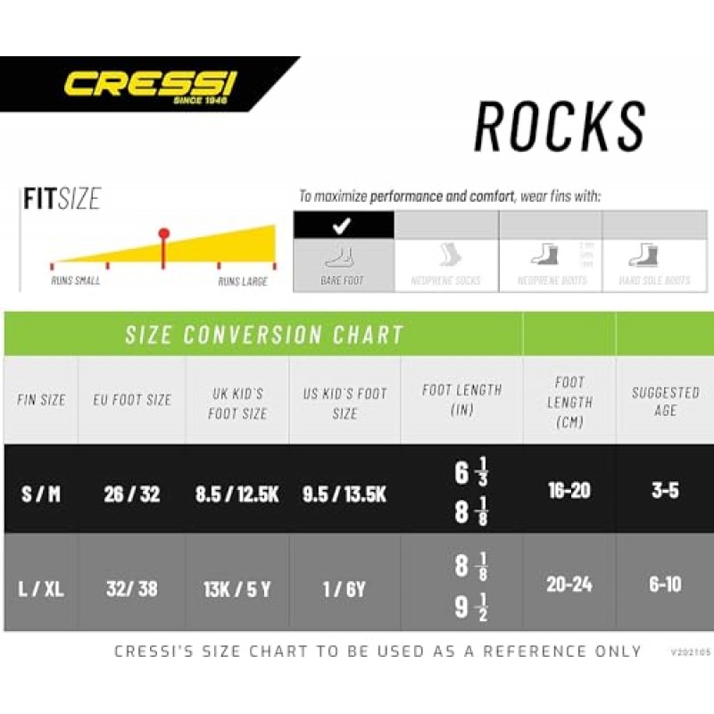 Cressi Rocks Fins, 1946년부터 스노클링 및 수영 품질을 위해 조절 가능한 스트랩이 있는 키즈 오픈 힐 짧은 핀