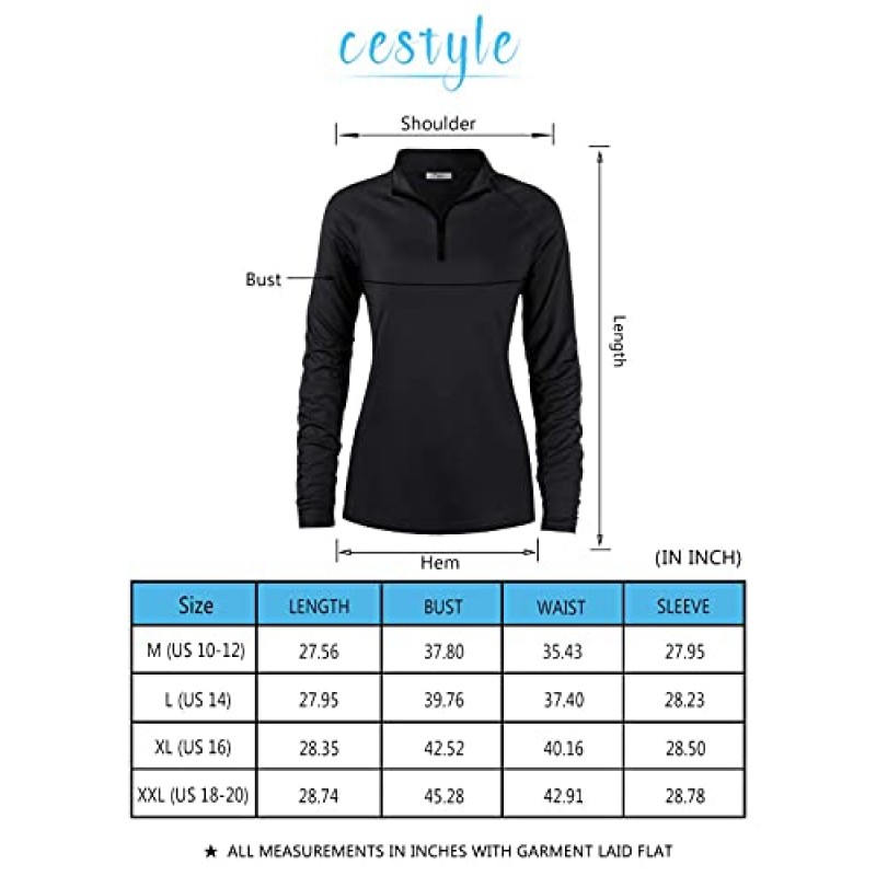 Cestyle Womens UPF 50+ 긴 소매 1/4 지퍼 경량 풀오버 야외 하이킹 운동 상의