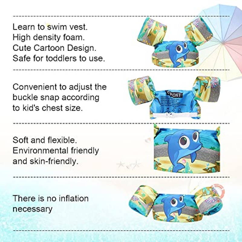 어린이 수영 조끼, 30-50파운드 유아/아기/유아용 수영 팔 밴드, 여아 및 남아 수영 훈련 재킷, 귀여운 만화 인어 수영 날개 풀 플로트 슬리브, 보관 가방 포함, 바다/해변