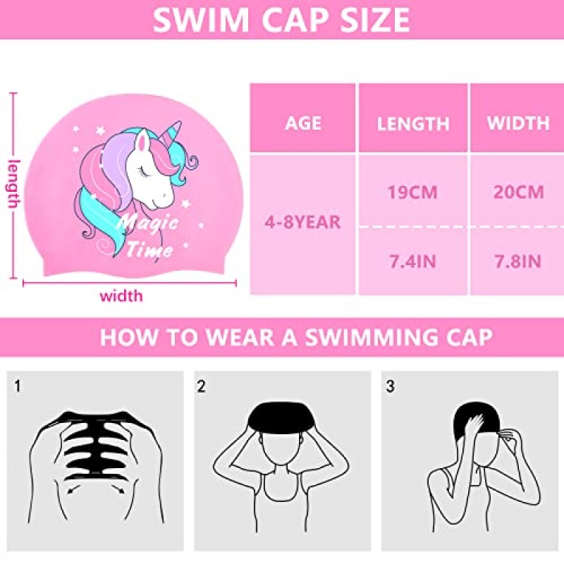 여아(2-6세)용 어린이 수영 모자, 수영 고글, 귀마개 및 코 클립이 포함된 짧은 머리용 내구성이 뛰어난 방수 실리콘 수영 모자