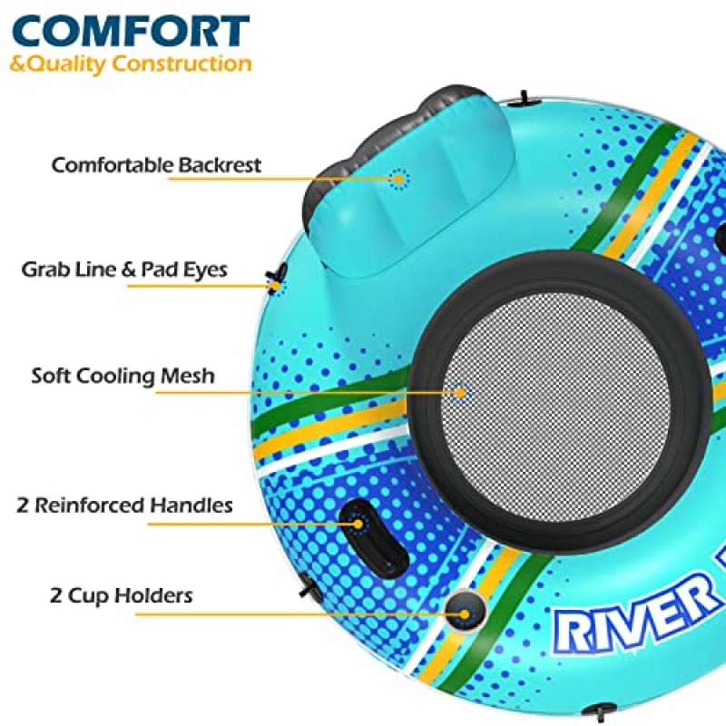 Jasonwell 팽창식 강 튜브 플로트 - 헤비 듀티 리버 플로트 풀 플로트 성인용 컵 홀더 2개가 있는 플로팅 리버 뗏목 라운지 플로티용 호수 워터 튜브