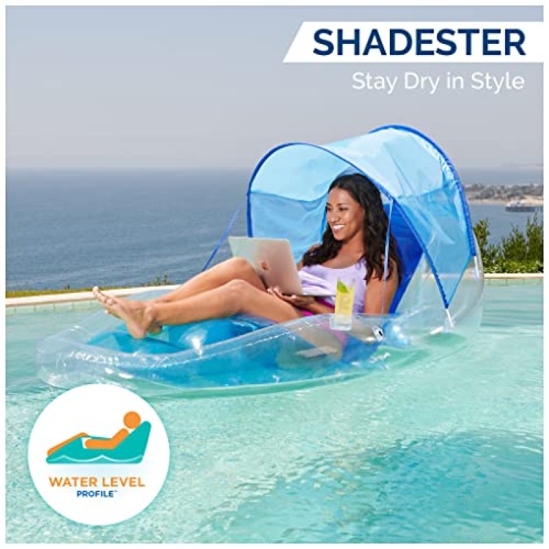 Swimways Dry Float Shadester 풀 플로트, 빠른 인플레이션, 캐노피, 발 받침대 및 컵 홀더가 있는 성인용 반투명 풍선 안락의자