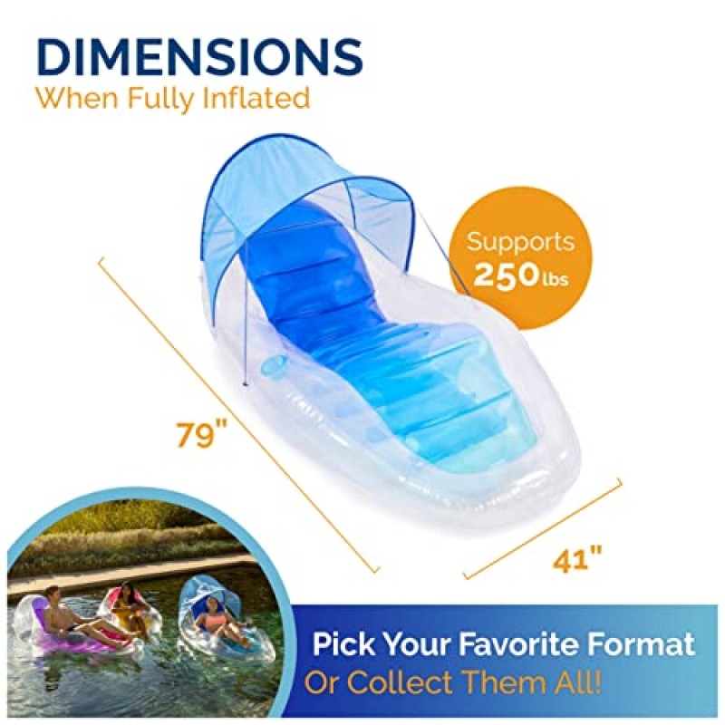 Swimways Dry Float Shadester 풀 플로트, 빠른 인플레이션, 캐노피, 발 받침대 및 컵 홀더가 있는 성인용 반투명 풍선 안락의자