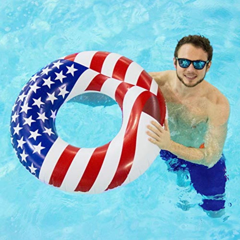 Swimline 어린이와 성인을 위한 둥근 풍선 애국적인 미국 국기 수영장 또는 호수 튜브 라운지 워터 플로트