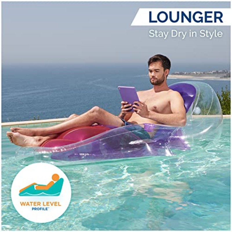 Swimways Dry Float Lounger Pool Float, 빠른 인플레이션, 발 받침대 및 컵 홀더가 있는 성인용 반투명 풍선 안락 의자