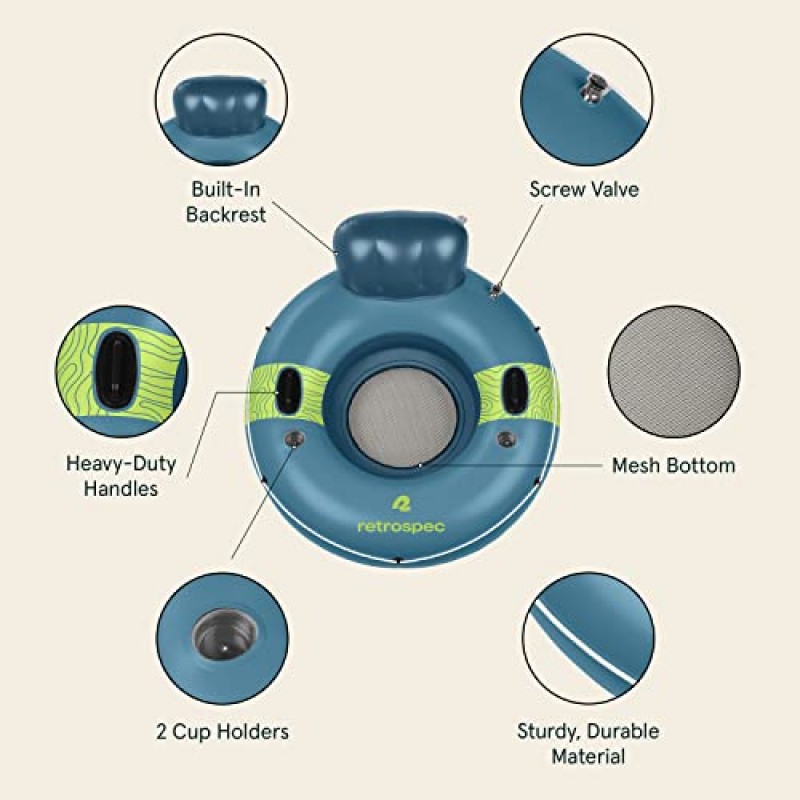 ﻿﻿호수, 강, 수영장용 Retrospec Weekender 플로트 리버 튜브 ﻿2개의 컵 홀더, 내장된 등받이 및 손쉬운 운반을 위한 랩 어라운드 그랩 로프 포함