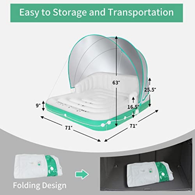 캐노피가 있는 수영장 플로트, SPF50+ 접이식 캐노피가 포함된 거대한 공기주입식 라운저, 성인용 컵 홀더 2개가 포함된 71