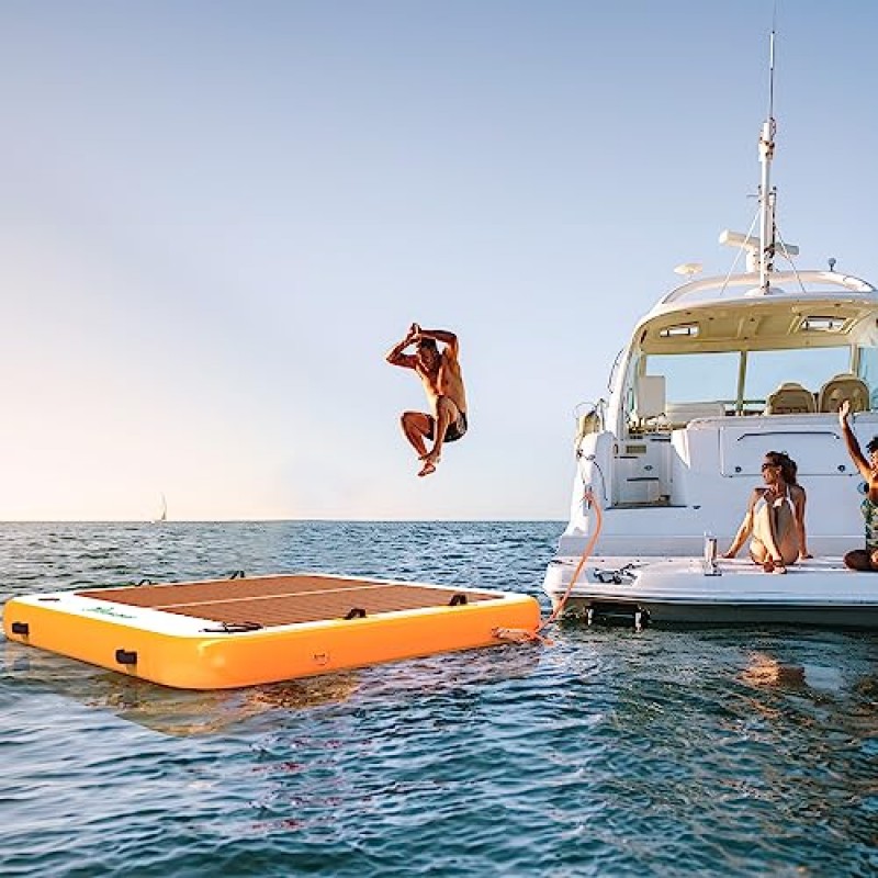 YITAHOME 6인치 두꺼운 팽창식 플로팅 도크, 전기 공기 펌프가 있는 호수 해변 수영장용 10x10피트 안정적인 플로팅 플랫폼, 최대 10명, 스테인레스 스틸 D링이 있는 빠른 팽창식 도크