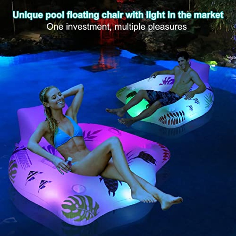 DeeprBlu 2팩 공기주입식 풀 플로트 의자(색상 변경 조명 포함), 태양열 구동, 컵 홀더 2개 및 핸들 2개, 대형 수영장 라운지 플로트 비치 플로트, 성인용 재미있는 풀 플로트 뗏목