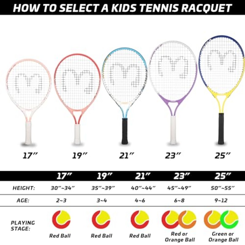 INSUM 17~25인치 어린이 테니스 라켓 주니어 초보자용 커버 백 포함, 테니스 남학생 및 여학생을 위한 선물