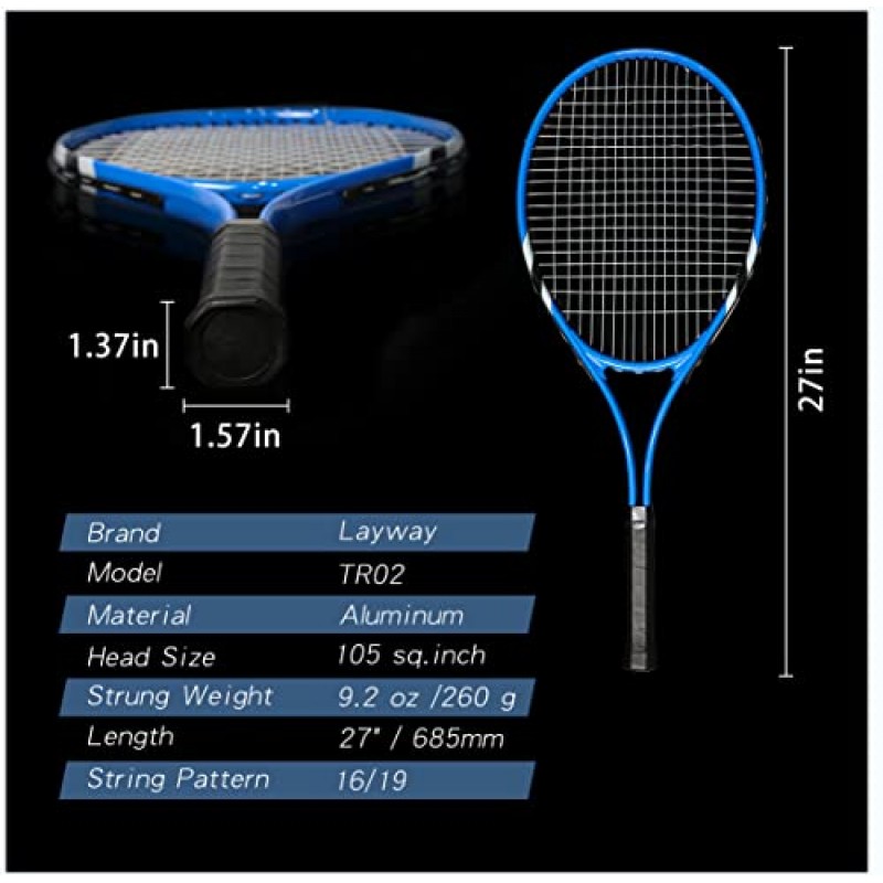 테니스 라켓 2 플레이어 초보자를위한 레크리에이션, 테니스 공, 오버 그립 및 운반 가방이있는 여성용 남성용 사전 연결 27 인치 가벼운 성인 라켓 세트