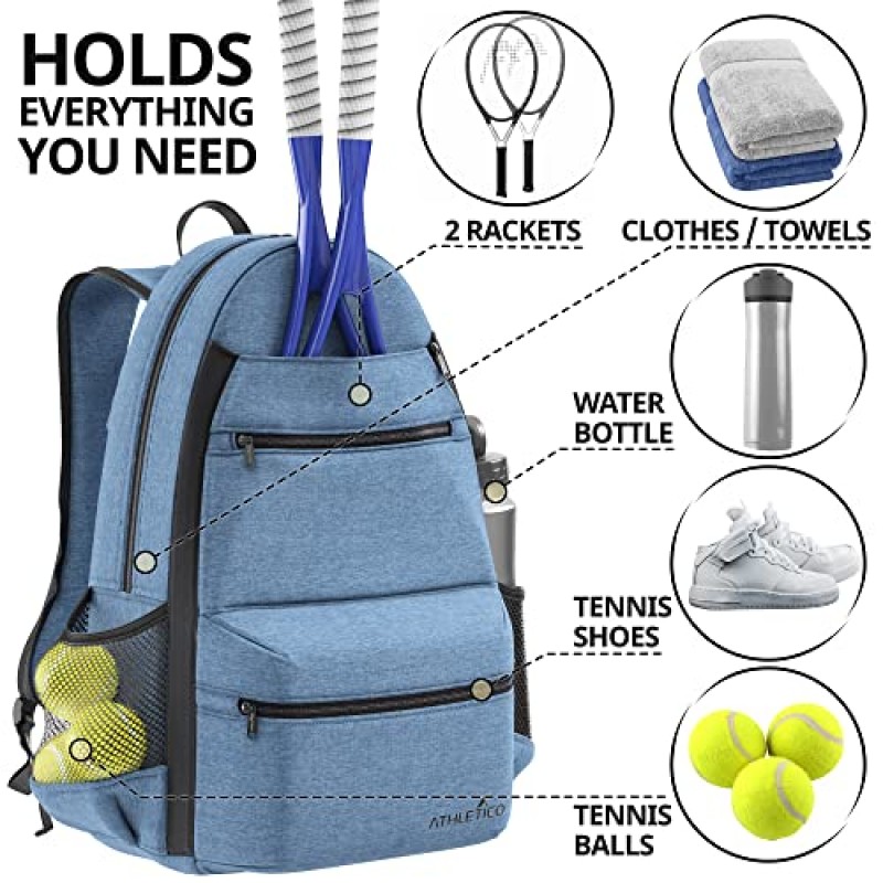 Athletico City 테니스 가방 - 테니스 라켓 2개와 신발을 수용할 수 있는 남성용 및 여성용 테니스 백팩 - 테니스, 피클볼, 스쿼시 및 배드민턴용 라켓 홀더가 포함된 테니스 가방 - 여성용 테니스 가방