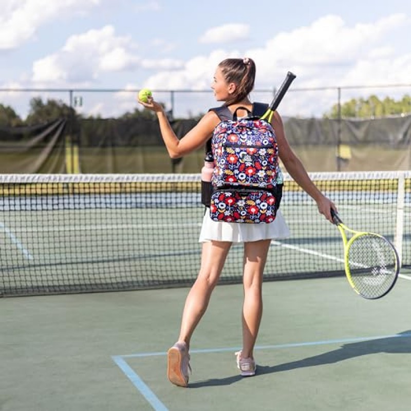 라켓볼 및 테니스 라켓 가방 - 여성 및 남성용 배드민턴 및 피클볼 백팩에는 라켓 패들 테니스 공 2개가 들어 있습니다 | 통풍이 잘되는 신발 칸, 사이드 포켓, 스포츠 액세서리를 담을 수 있는 방수 가방