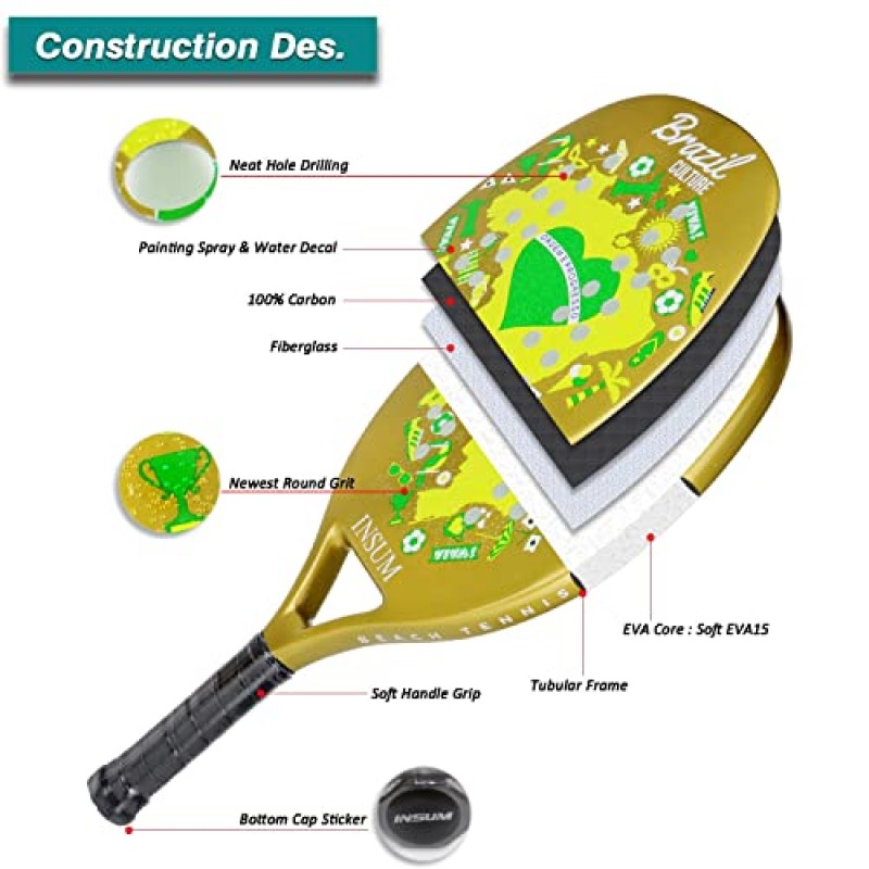 INSUM 비치 테니스 라켓 탄소 섬유 표면, 샌드 그릿 프린트, 경량 EVA 소프트 라켓, 운반용 커버 백 포함