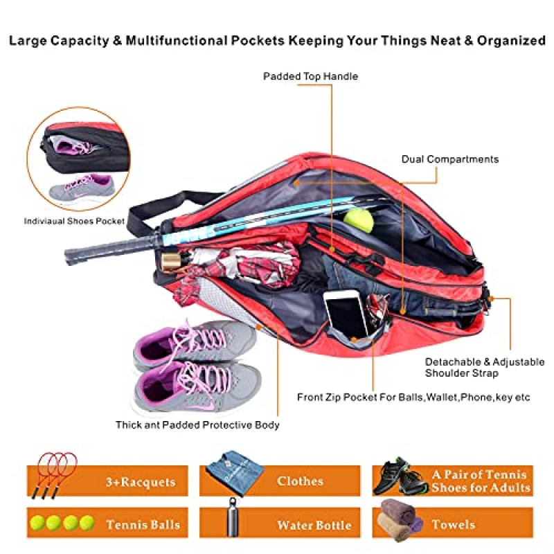 남성용 여성용 신발 칸이 있는 라켓 테니스 가방 4개, 배드민턴 장비 가방, 테니스 라켓 커버 홀더 조절 가능한 어깨 끈, 패딩 처리된 손잡이, 전면 지퍼 포켓이 있는 케이스 운반용 가방