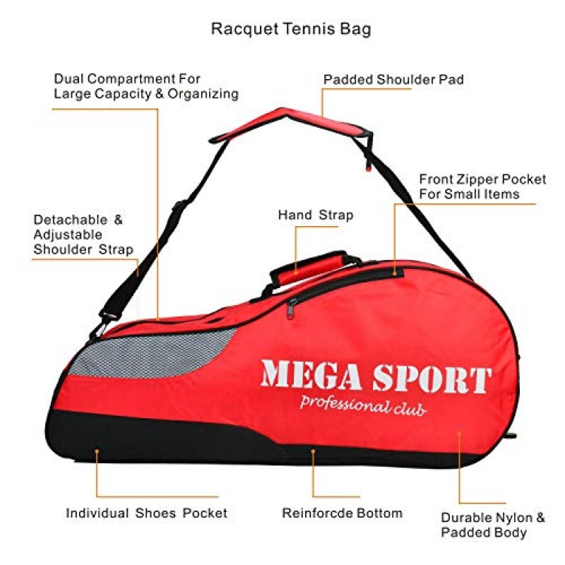 남성용 여성용 신발 칸이 있는 라켓 테니스 가방 4개, 배드민턴 장비 가방, 테니스 라켓 커버 홀더 조절 가능한 어깨 끈, 패딩 처리된 손잡이, 전면 지퍼 포켓이 있는 케이스 운반용 가방