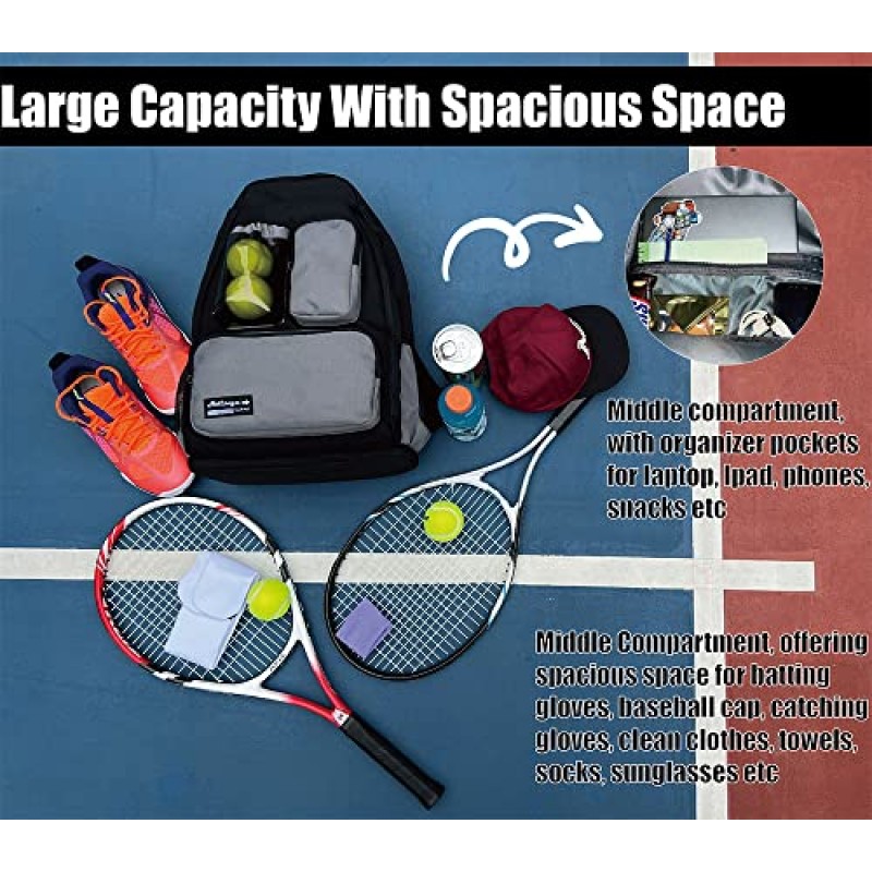 Holisign 테니스 가방, 확장 가능한 신발 칸이 있는 방수 내구성 테니스 배낭, 테니스 라켓, 피클볼 패들, 배드민턴 라켓에 적합(블랙 그레이 HLS031)
