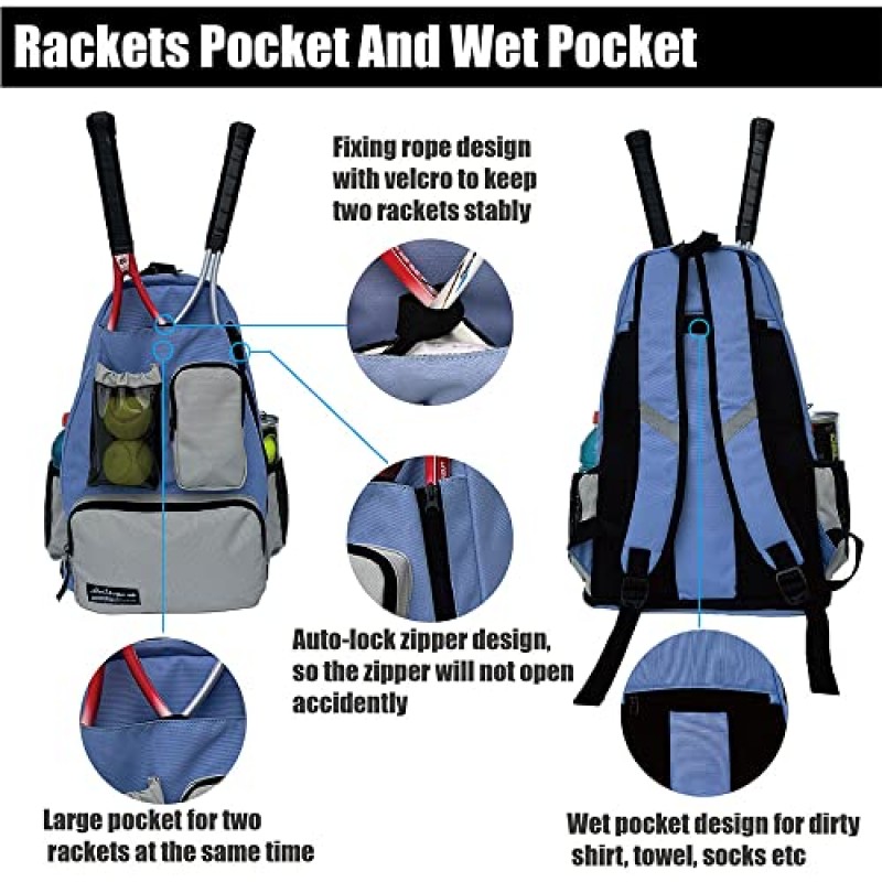 Holisign 테니스 가방, 확장 가능한 신발 칸이 있는 방수 내구성 테니스 배낭, 테니스 라켓, 피클볼 패들, 배드민턴 라켓에 적합(보라색 회색 HLS032)