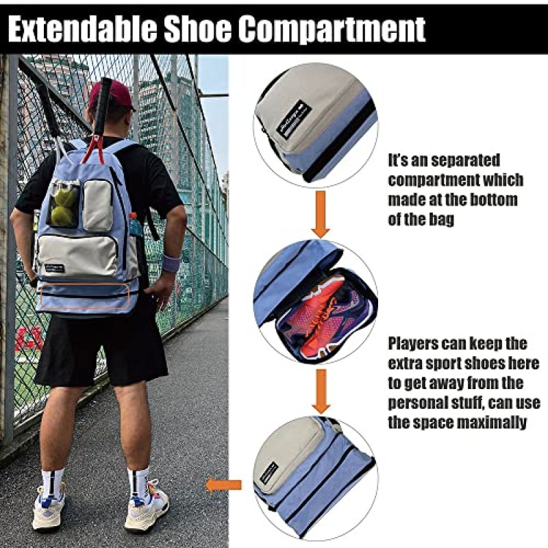 Holisign 테니스 가방, 확장 가능한 신발 칸이 있는 방수 내구성 테니스 배낭, 테니스 라켓, 피클볼 패들, 배드민턴 라켓에 적합(보라색 회색 HLS032)