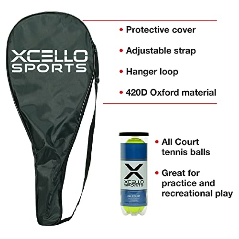 Xcello Sports 2인용 알루미늄 테니스 라켓 세트 - 라켓 2개가 포함되어 있습니다. 코트볼 6개, 휴대용 케이스 2개 - 23인치 또는 27인치로 사용 가능