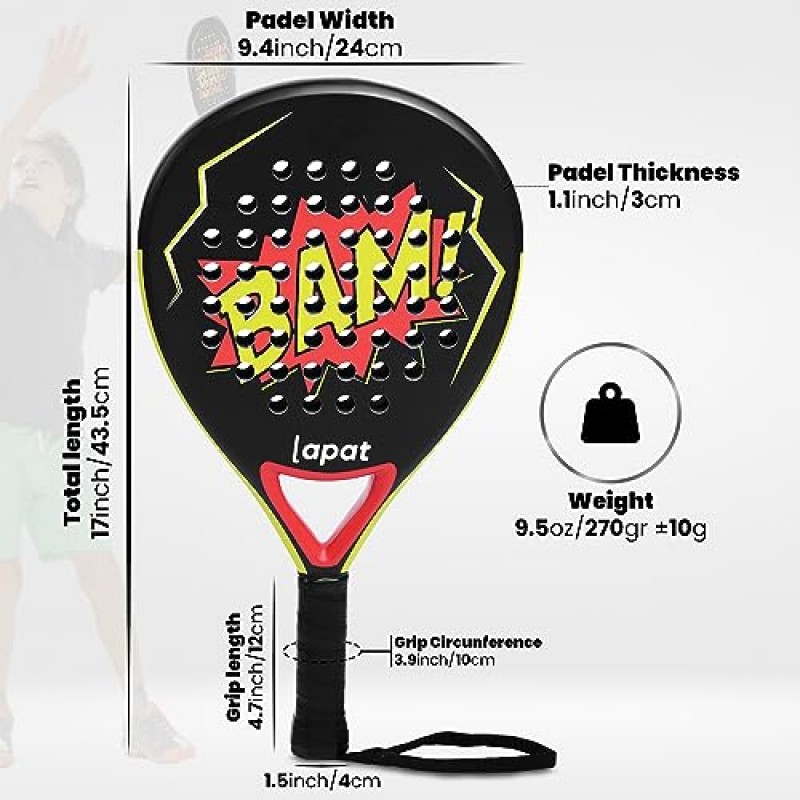 LAPAT 패들 라켓(커버 백 포함) - EVA 메모리 폼이 포함된 탄소 표면 - 패들 테니스 라켓 경량