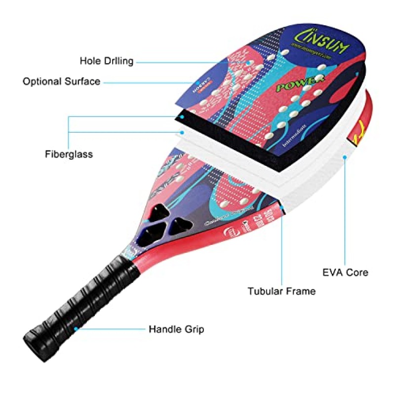 INSUM 비치 테니스 라켓 탄소 섬유 표면, 샌드 그릿 프린트, 경량 EVA 소프트 라켓, 운반용 커버 백 포함