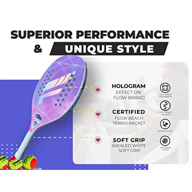 비치 테니스 라켓 플로우 비치 테니스, 나노 카본 마감, 컴포트 EVA 우수한 소재, 볼 진동 흡수를 위한 충격 방지 시스템 | 초보자와 중급 플레이어에게 적합