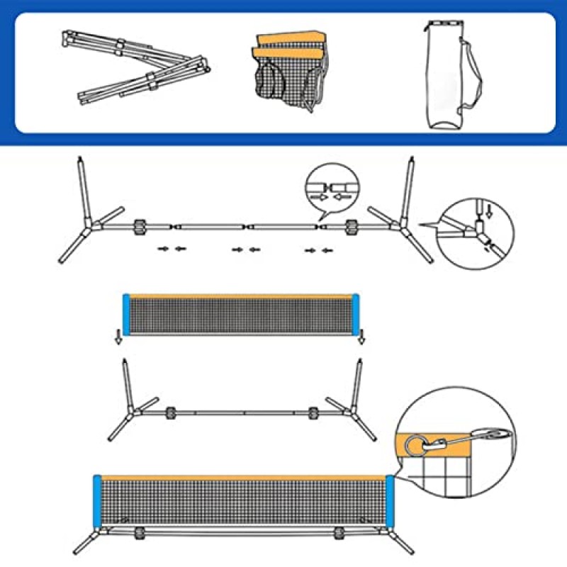 Eastgoing 10피트 미니 휴대용 축구 테니스 네트 | 진입로 뒷마당을 위한 휴대용 가방이 포함된 피클볼 네트 시스템. 쉬운 조립 해변 테니스 네트 | 실내 및 실외 테니스 연습