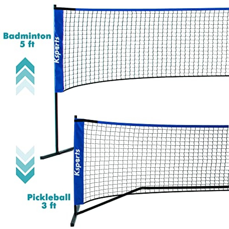 Ksports 규정 크기 피클볼 네트 22피트, 레크리에이션 테니스 또는 배드민턴 네트로 사용 가능, 피클볼 휴대용 네트, LED 셔틀콕 4개, 휴대용 가방 및 피클볼 2개로 구성