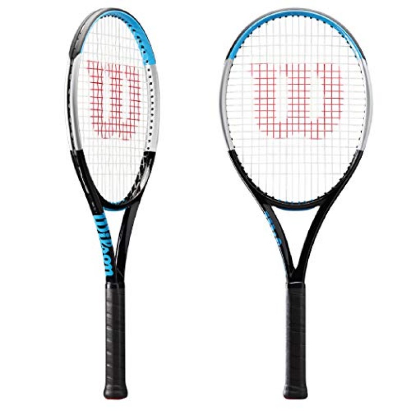 Wilson Ultra 100 v3.0 블랙/블루/실버 테니스 라켓 - 맞춤형 색상의 Syn Gut 라켓 스트링 연결 - 힘과 안정성을 위한 최고의 라켓