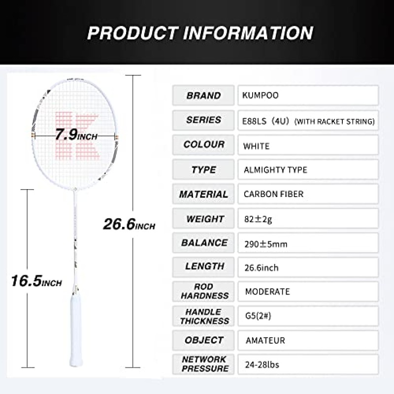 KUMPOO 전문 배드민턴 라켓, 경량 배드민턴 라켓, 고 장력 스트링 전체 탄소 섬유 샤프트 배드민턴 라켓 (라켓 커버 백 포함)