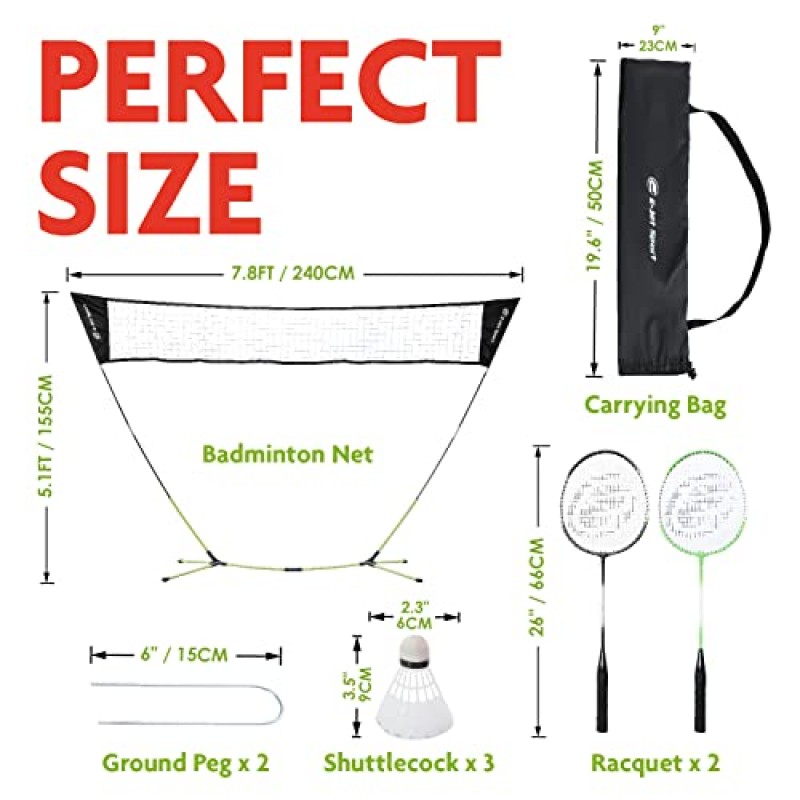 E-Jet 배드민턴 네트 라켓 셔틀콕 콤보 세트 - 휴대용 및 즉시 설치(뒤뜰 놀이, 해변 공원 피크닉 야외 게임), 녹색, 5.1 x 7.8Ft, (EOB72740)