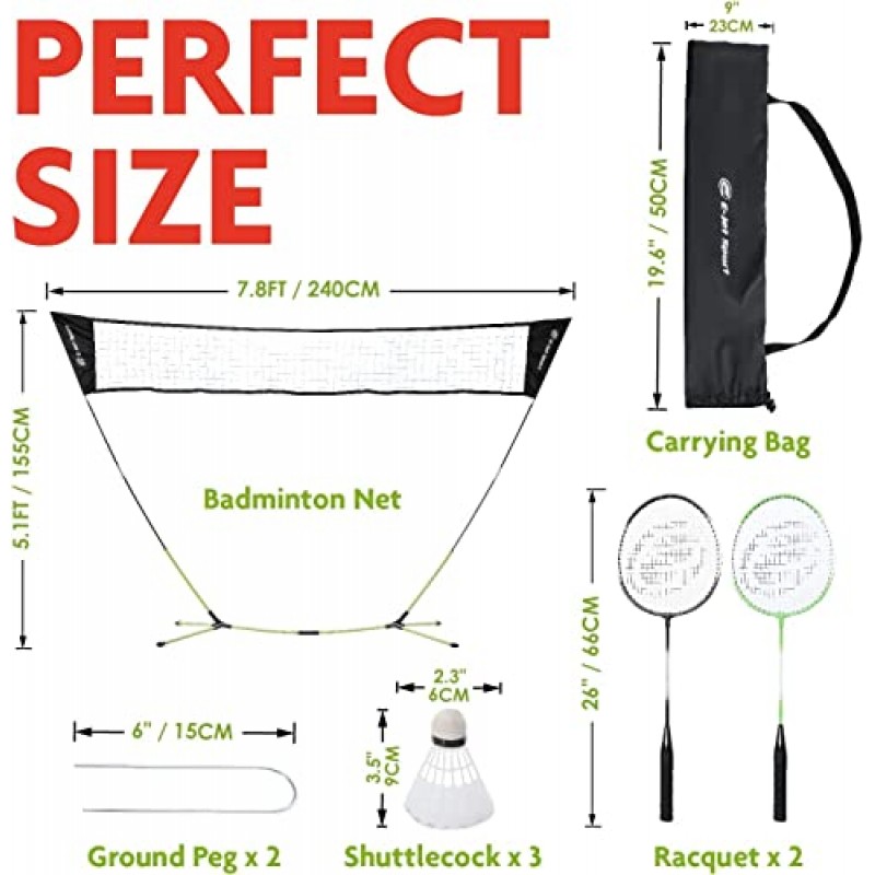 E-Jet 배드민턴 네트 라켓 셔틀콕 콤보 세트 - 휴대용 및 즉시 설치(뒤뜰 놀이, 해변 공원 피크닉 야외 게임), 녹색, 5.1 x 7.8Ft(EOB727402021)