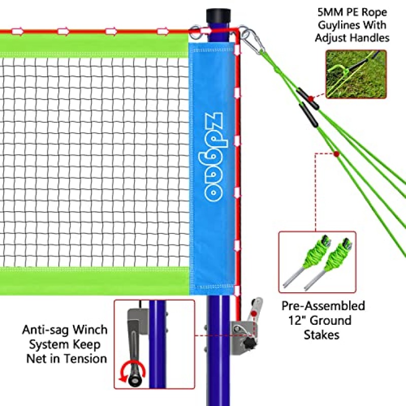 Zdgao 뒷마당용 배드민턴 세트(네트 포함) | 윈치 시스템을 갖춘 휴대용 배드민턴 네트, 알루미늄 배드민턴 라켓 4개, 3개 나일론 셔틀콕 세트, 경계선 및 내구성 있는 운반용 가방