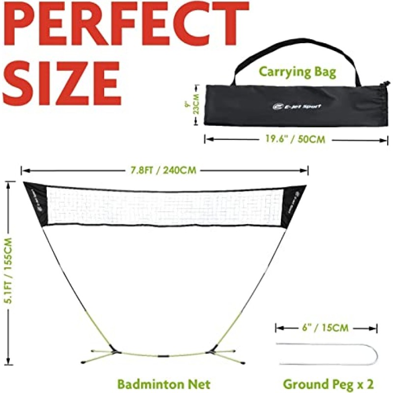 E-jet 배드민턴 네트, 휴대용 및 즉시 설치(공구 필요 없음) - 뒷마당 놀이, 해변 공원 피크닉 야외 게임, 녹색, 5.1 x 7.8Ft(EOB726402022)