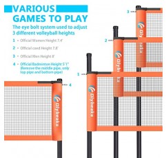 Olybeaka 배드민턴 및 배구 콤보 세트(네트 포함, 처짐 방지 디자인, 배드민턴 라켓 4개, 버디 3개, 뒤뜰 잔디 해변용 PU 배구)