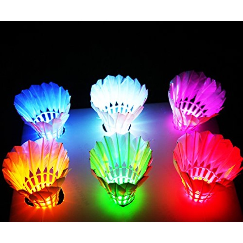 Leadge LED 셔틀콕 배드민턴 버디, 셔틀콕 다크 나이트 거위 깃털 글로우 버디 조명(야외 실내 스포츠 활동용)(6팩)(멀티 컬러)