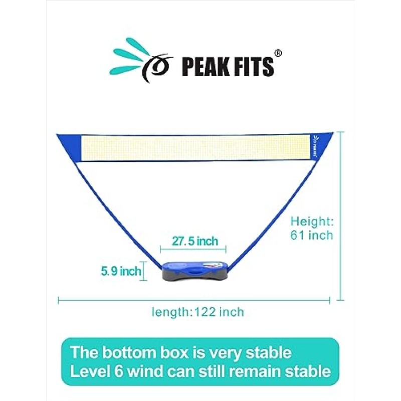 파란색 보관 베이스가 포함된 Peak Fits 휴대용 배드민턴 세트, 해변 뒷마당 콤보 세트를 위한 간편한 설정, 배드민턴 라켓 4개, 셔틀콕 4개, 그립 테이프 8개 및 10x5피트 네트가 포함된 배드민턴 네트