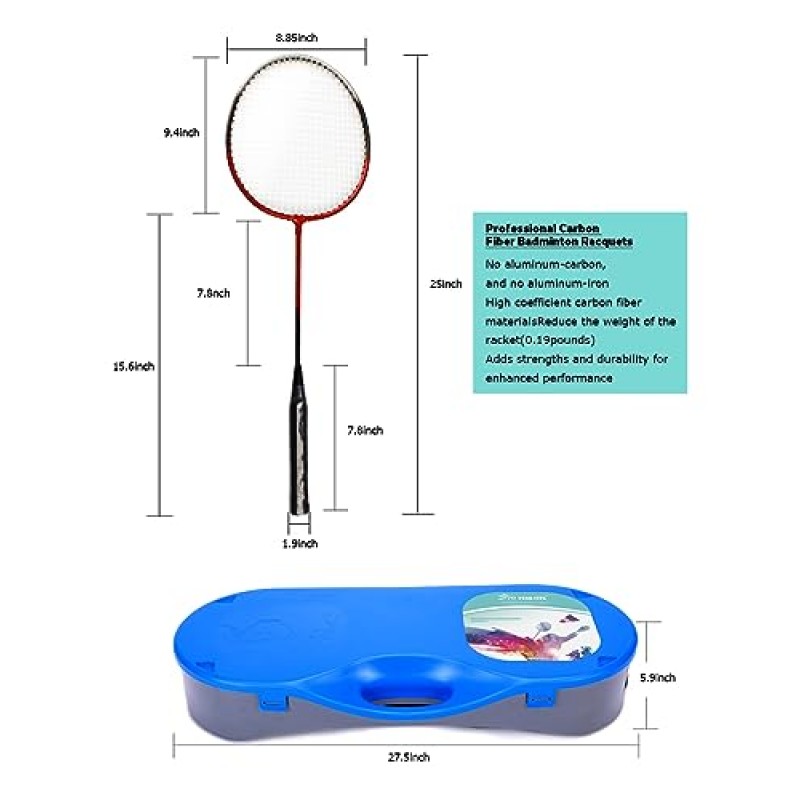 파란색 보관 베이스가 포함된 Peak Fits 휴대용 배드민턴 세트, 해변 뒷마당 콤보 세트를 위한 간편한 설정, 배드민턴 라켓 4개, 셔틀콕 4개, 그립 테이프 8개 및 10x5피트 네트가 포함된 배드민턴 네트