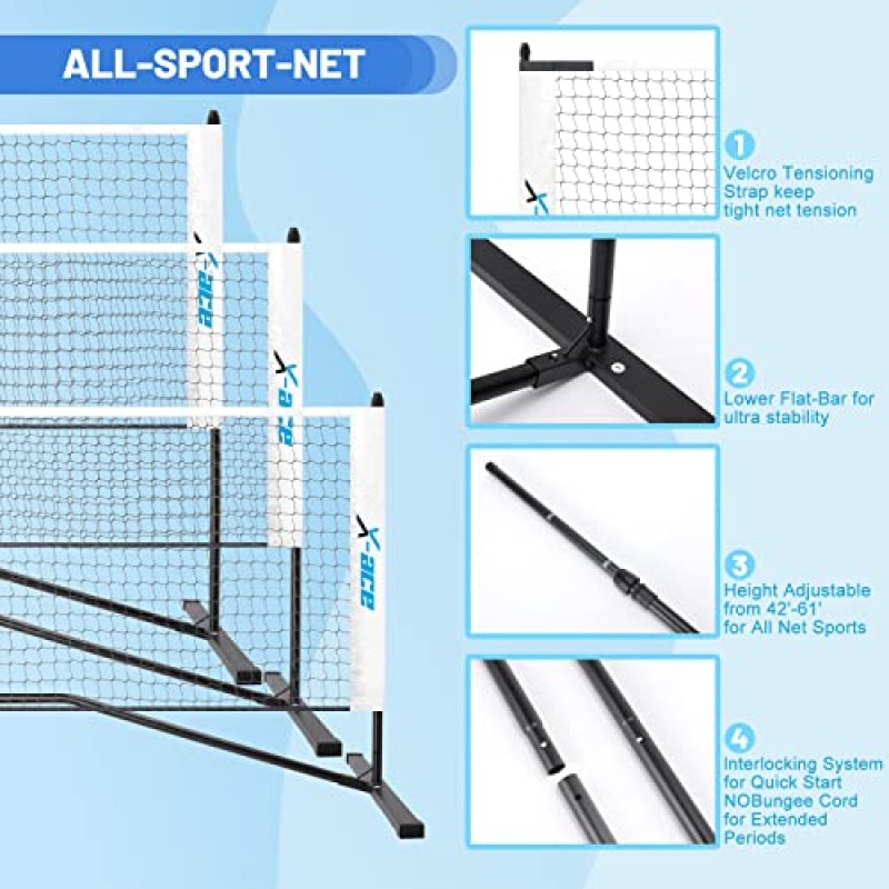 X-ACE 휴대용 배드민턴 네트 20FT - 테니스, 축구 테니스, 피클볼용 높이 조절 가능 배드미턴 네트 - 내구성 있는 구조 및 쉬운 설치