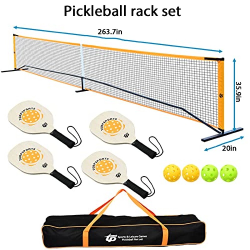 Pickleball Nets 휴대용 야외, 22 FT Pickleball Net USAPA 규정 크기, 4개의 패들이 있는 피클 볼 게임 네트 시스템, 야외 피클 볼, 진입로 뒷마당용 운반 가방