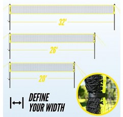 Patiassy 32피트, 26피트 및 20피트 너비 및 높이 조절 가능한 배구 및 배드민턴 콤보 세트(네트, 윈치 시스템, 배드민턴 라켓 4개, 거위 깃털 셔틀콕 2개 및 뒷마당용 배구 포함)