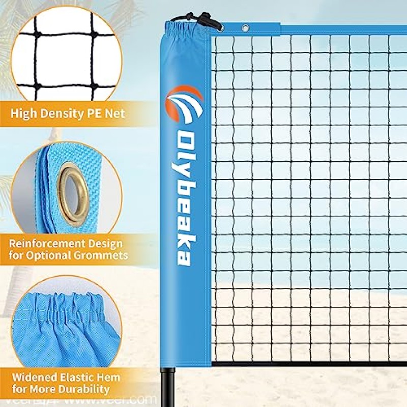 Olybeaka 휴대용 올인원 배드민턴 피클볼 및 뒷마당 잔디밭용 어린이 배구 네트 세트 - 폭 10피트/14피트/17피트 폴이 있는 간편한 설치 나일론 스포츠 네트