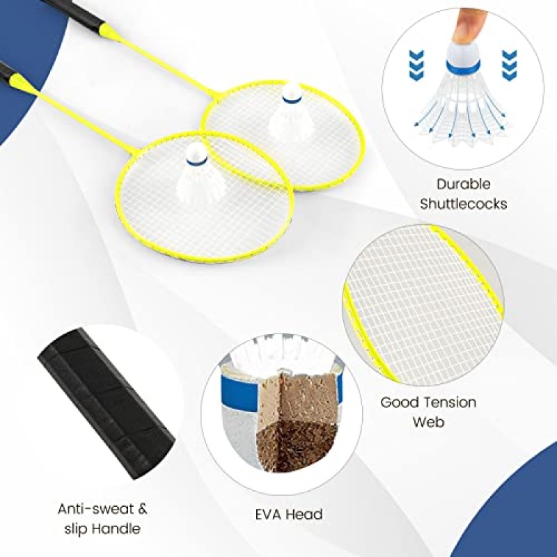 Goplus 휴대용 배드민턴 네트 세트, 보관 베이스가 있는 배구 배드민턴 네트, 라켓, 셔틀콕, 뒷마당, 해변, 가족 야외 게임용 독립형 배드민턴 콤보 세트