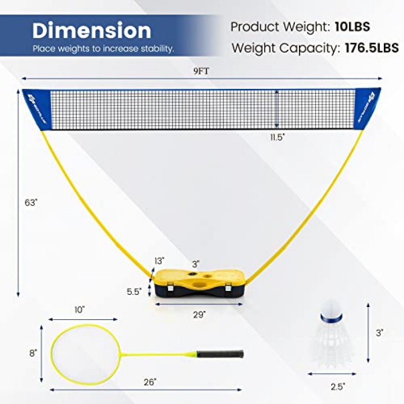Goplus 휴대용 배드민턴 네트 세트, 보관 베이스가 있는 배구 배드민턴 네트, 라켓, 셔틀콕, 뒷마당, 해변, 가족 야외 게임용 독립형 배드민턴 콤보 세트