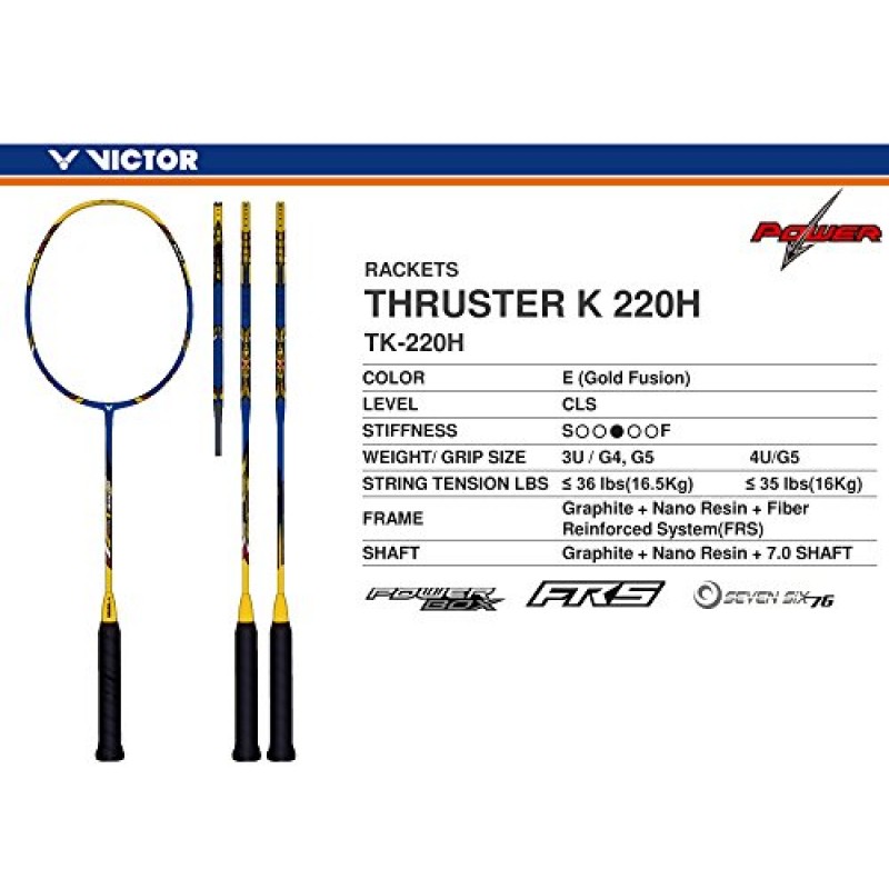 VICTOR Thruster K 220 H 파워 시리즈 G5 스트링 배드민턴 라켓 (옐로우/블루)