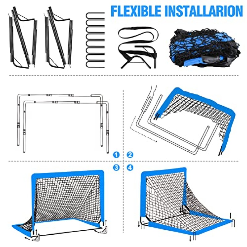 뒷마당 세트용 어린이 축구 목표 - 유아 축구 그물 훈련 장비 2개, 축구공, 어린이 및 청소년 게임 및 훈련 목표용 팝업 휴대용 축구 세트