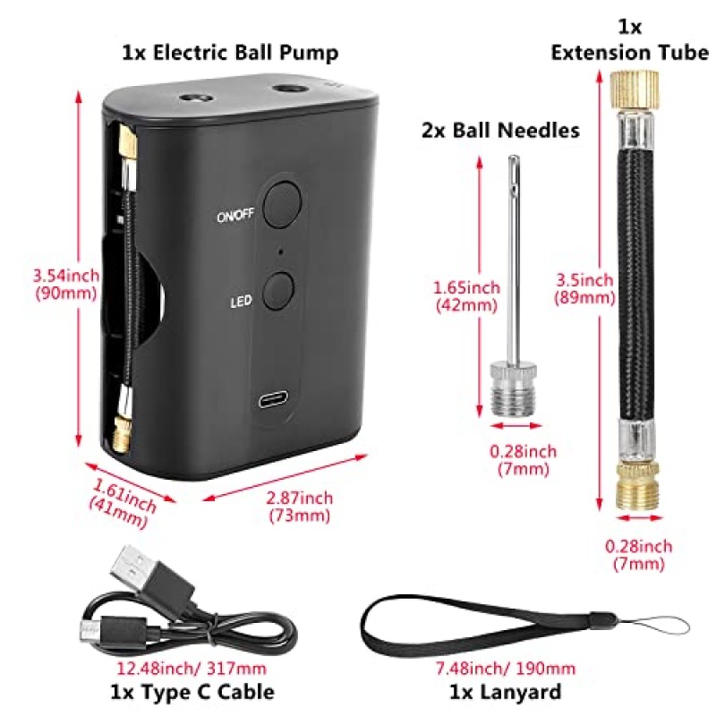 EDaycy 전기 볼 펌프(20psi), 2개의 바늘이 있는 휴대용 농구 펌프, 농구 축구 배구 축구 스포츠 공 장비용 충전식 공기 펌프 볼 팽창기