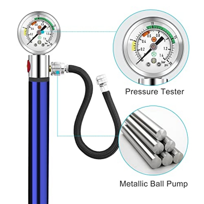 압력 게이지가 있는 WEEFEESTAR 볼 펌프, 농구, 축구, 배구 및 기타 풍선 공용 10개 바늘 및 압력 해제 밸브가 있는 휴대용 스포츠 공기 펌프