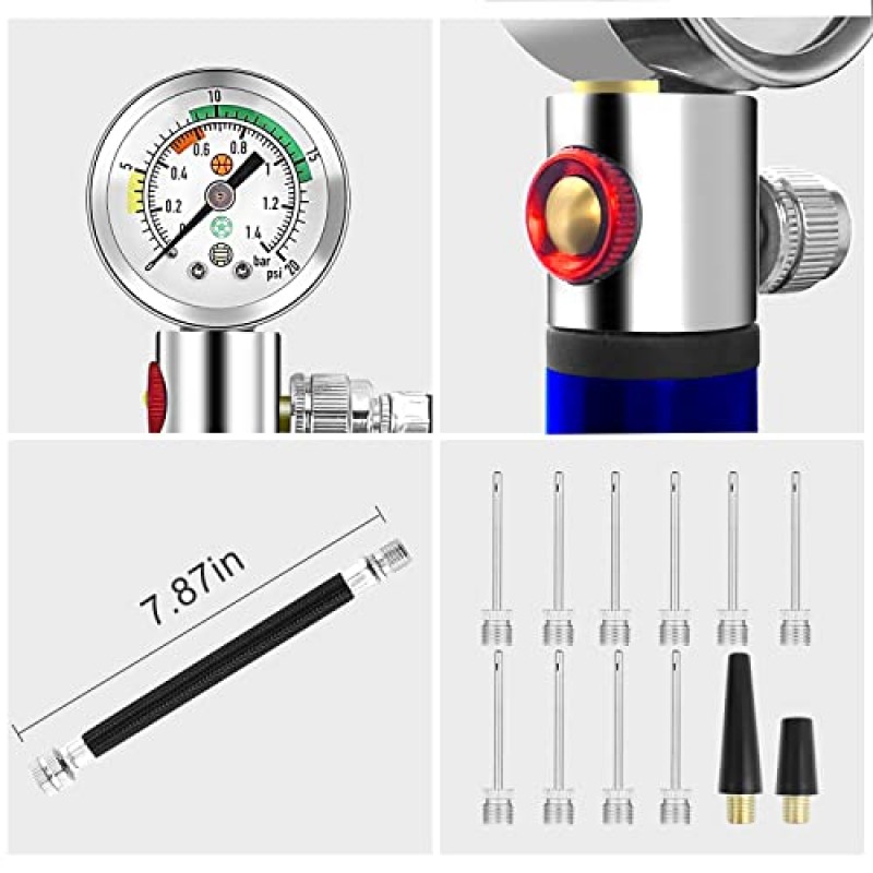 압력 게이지가 있는 WEEFEESTAR 볼 펌프, 농구, 축구, 배구 및 기타 풍선 공용 10개 바늘 및 압력 해제 밸브가 있는 휴대용 스포츠 공기 펌프